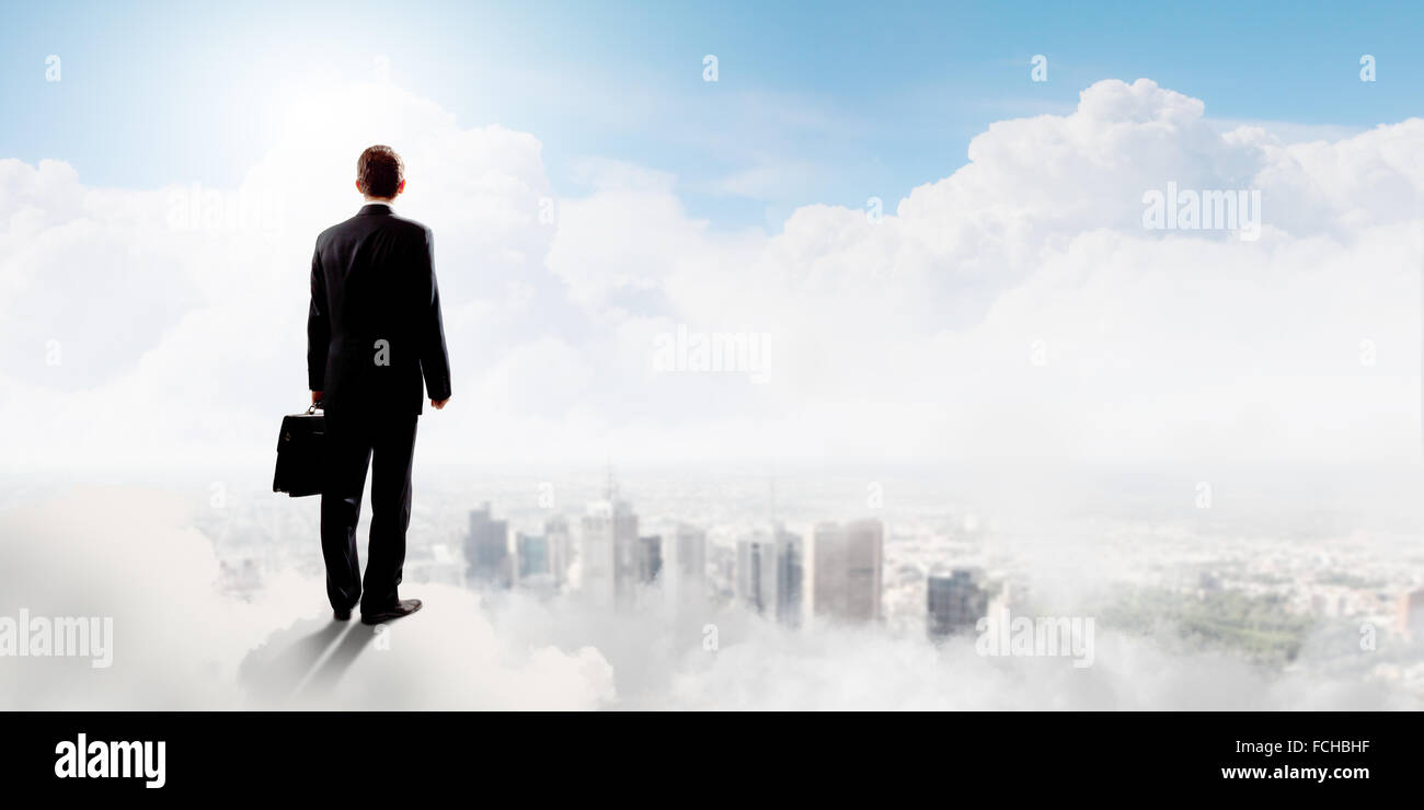 Rear view of businessman with suitcase standing on cloud Stock Photo ...