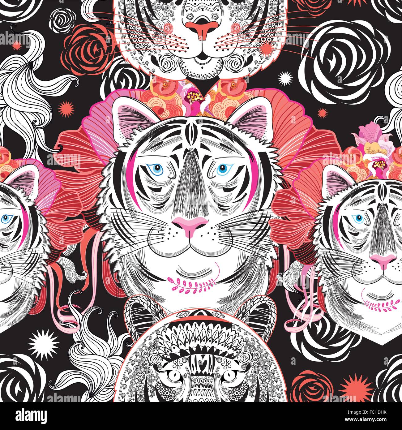 Seamless graphic pattern beautiful portraits tiger on a black ...