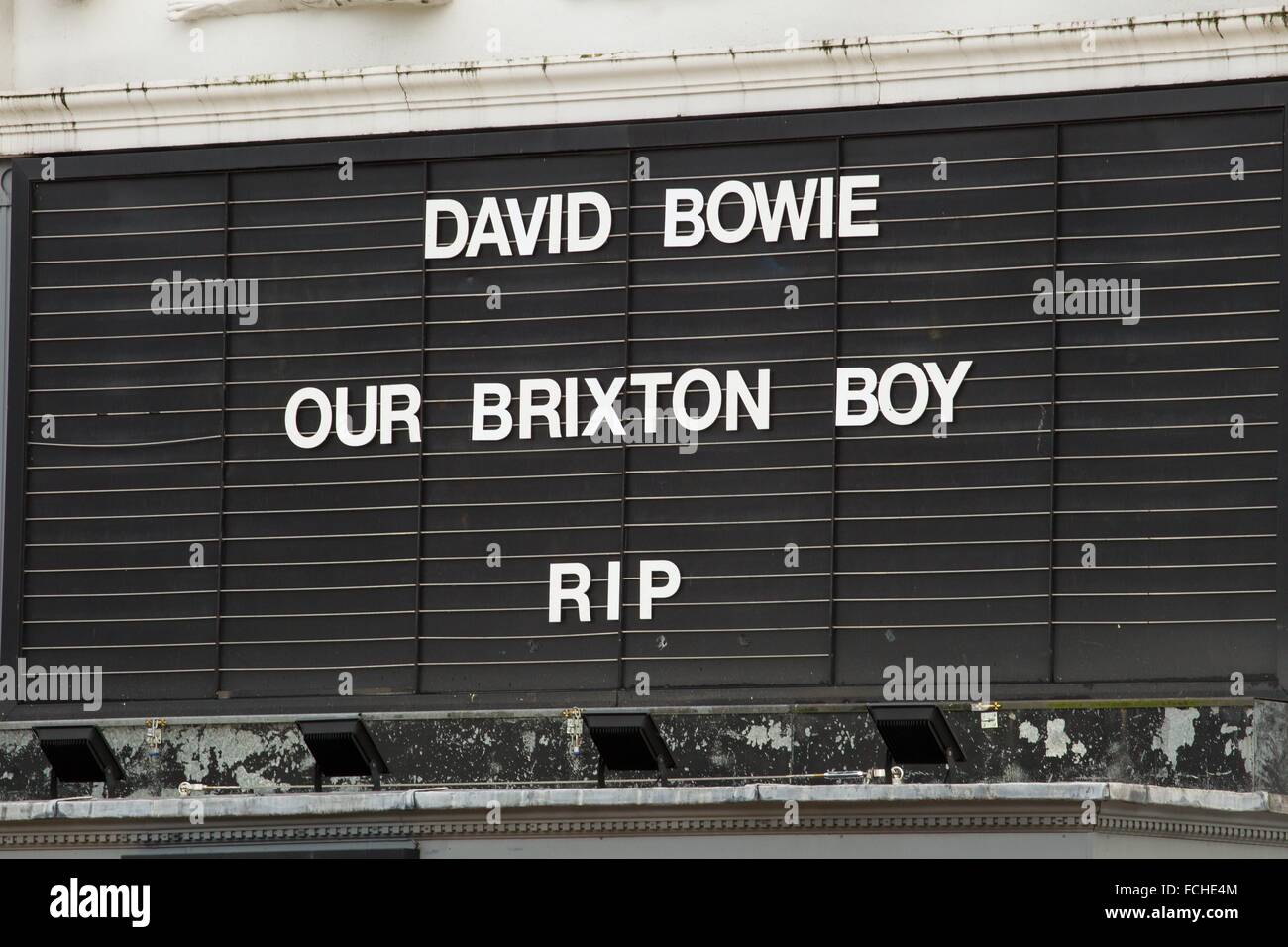 The Ritzy Cinema in Brixton pays tribute to local hero David Bowie with their film showings display. Stock Photo