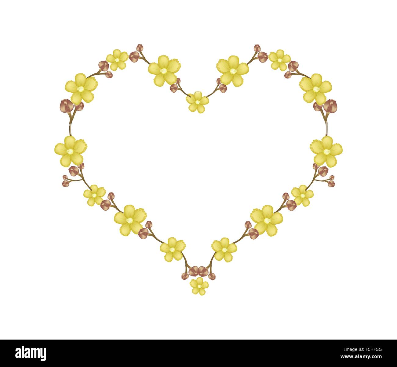 Love Concept, Illustration of Yellow Simpor Flowers Forming in Heart Shape Isolated on White Background. Stock Photo