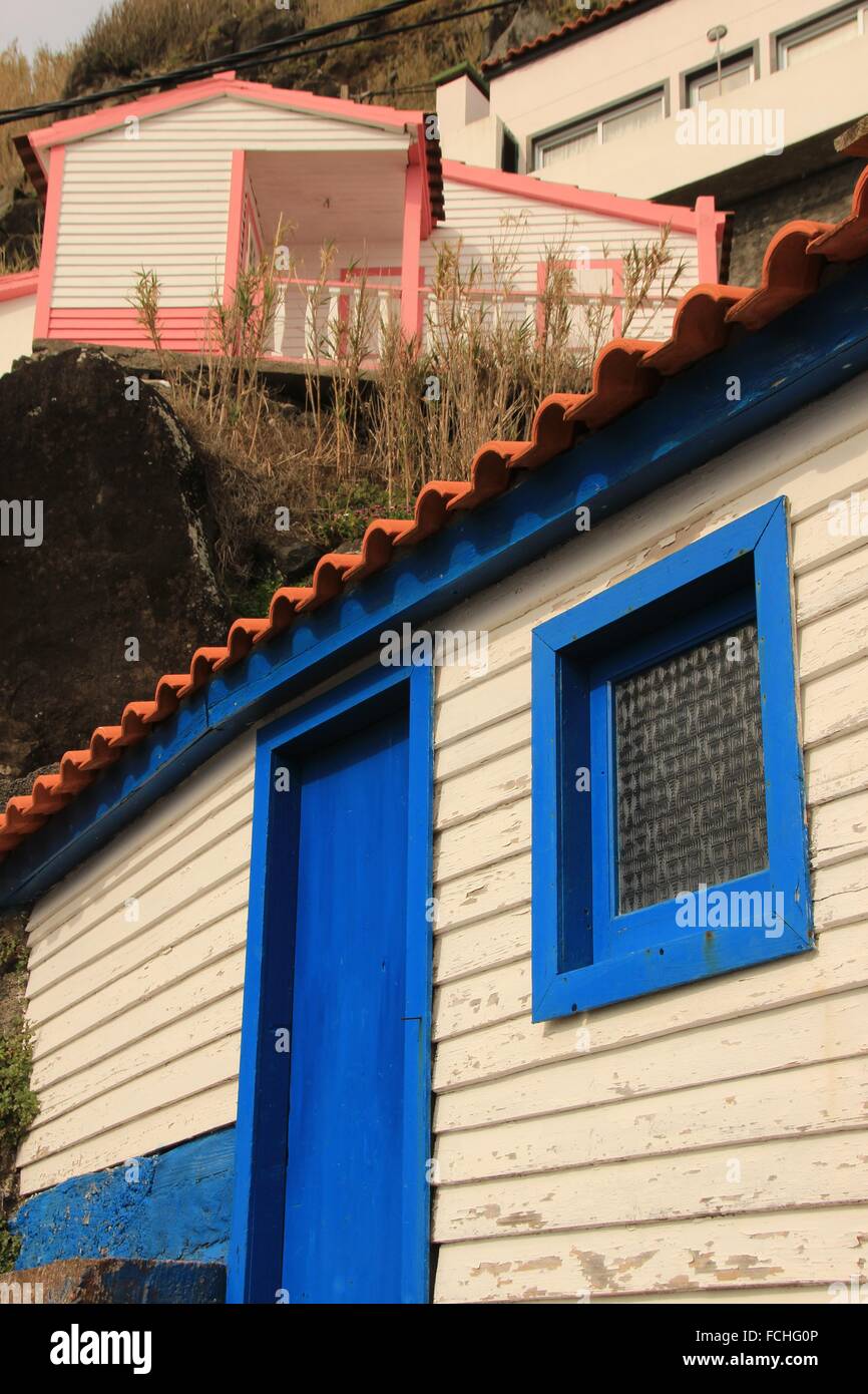 Colourful wooden houses in Porto de pescas in Nordeste, Sao Miguel