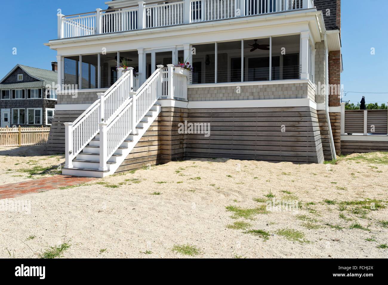 Close up of a large home, built on stilts, Ocean Beach, Fire Island