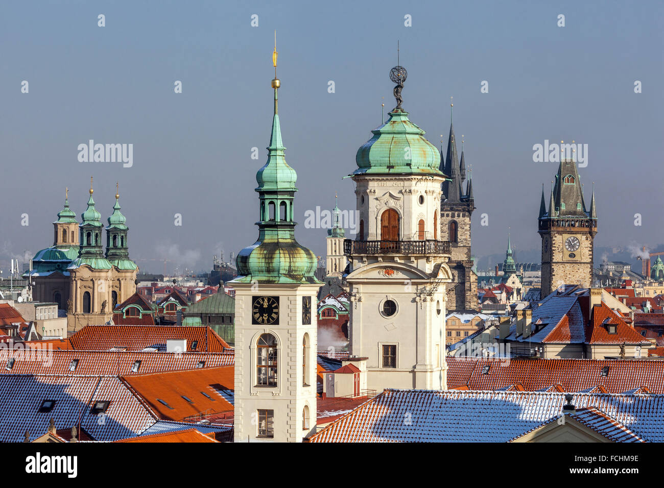 Towers and rooftops of Old Town, Prague Clementinum towers Czech Republic Stock Photo