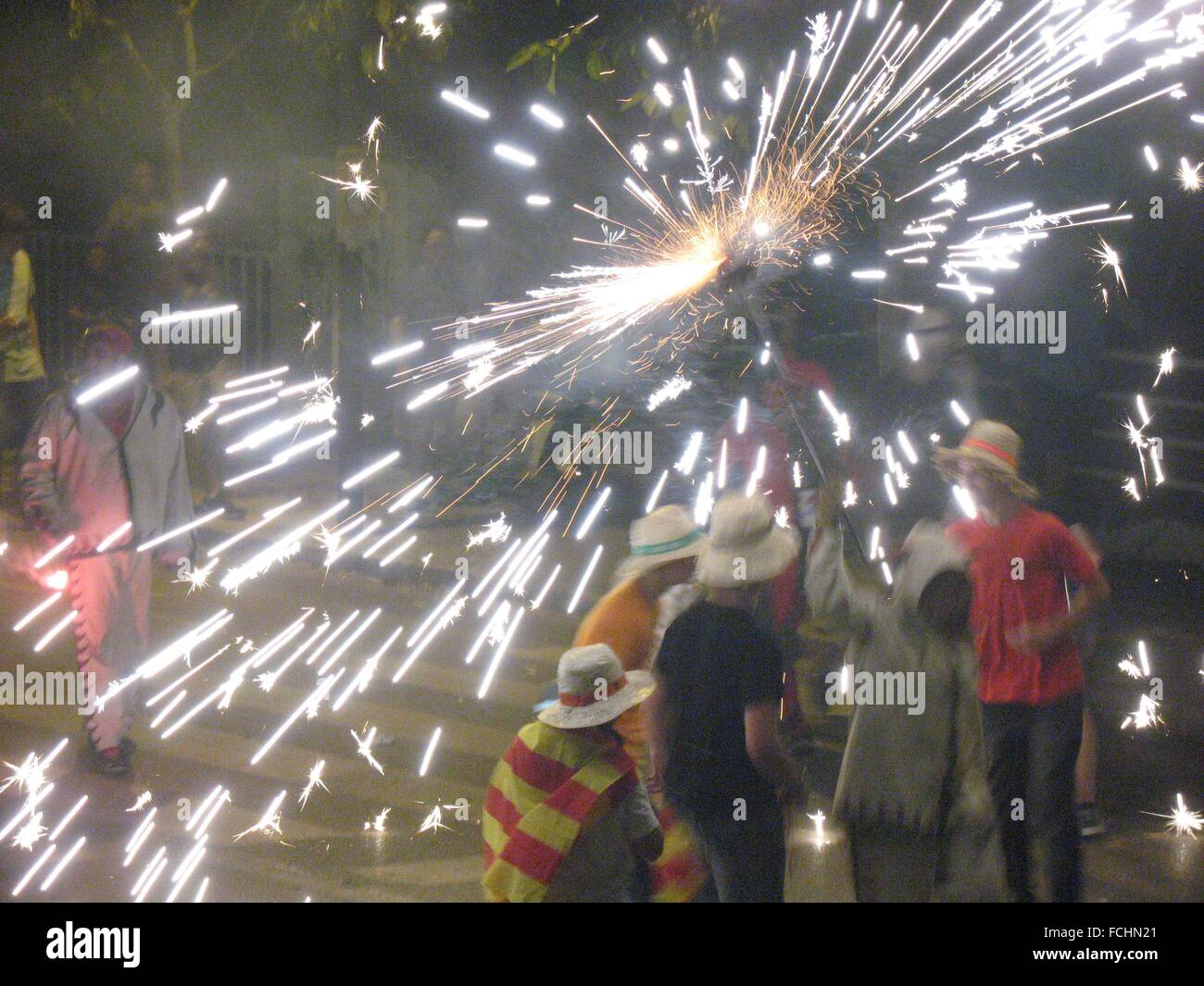 Catalan Diables pyrotechnic show, Altafulla, Tarragona, Spain Stock Photo