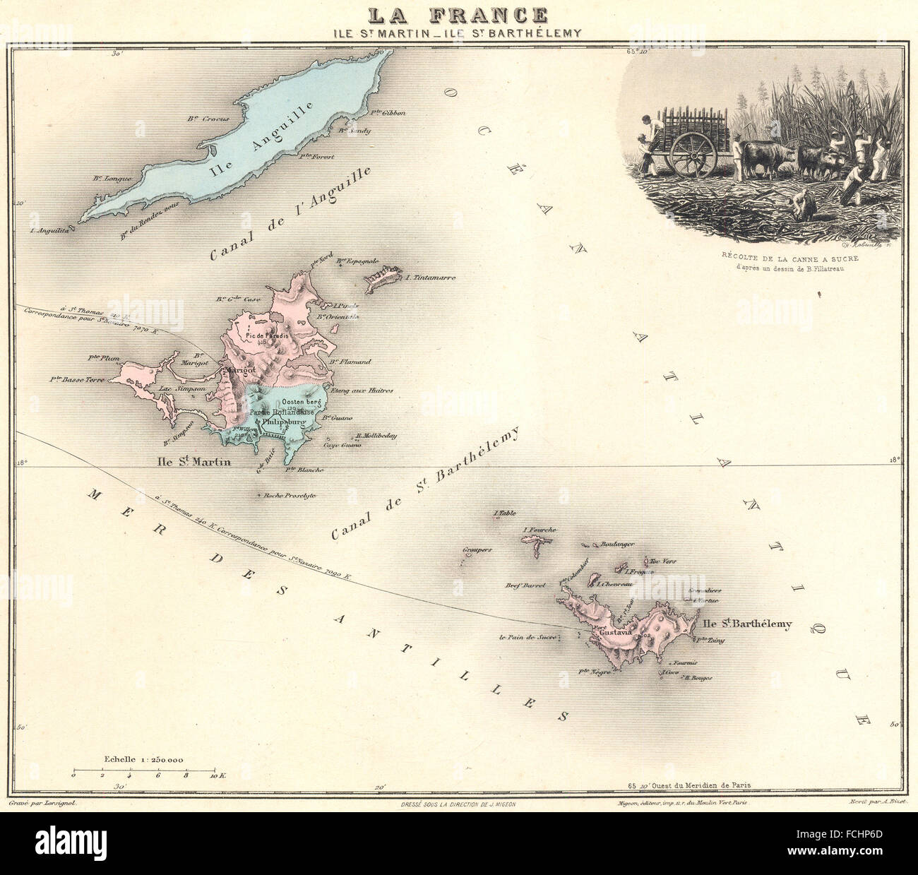WEST INDIES: Ile St Martin-Ile St Barthélemy.Canne a Sucre. Vuillemin, 1903 map Stock Photo
