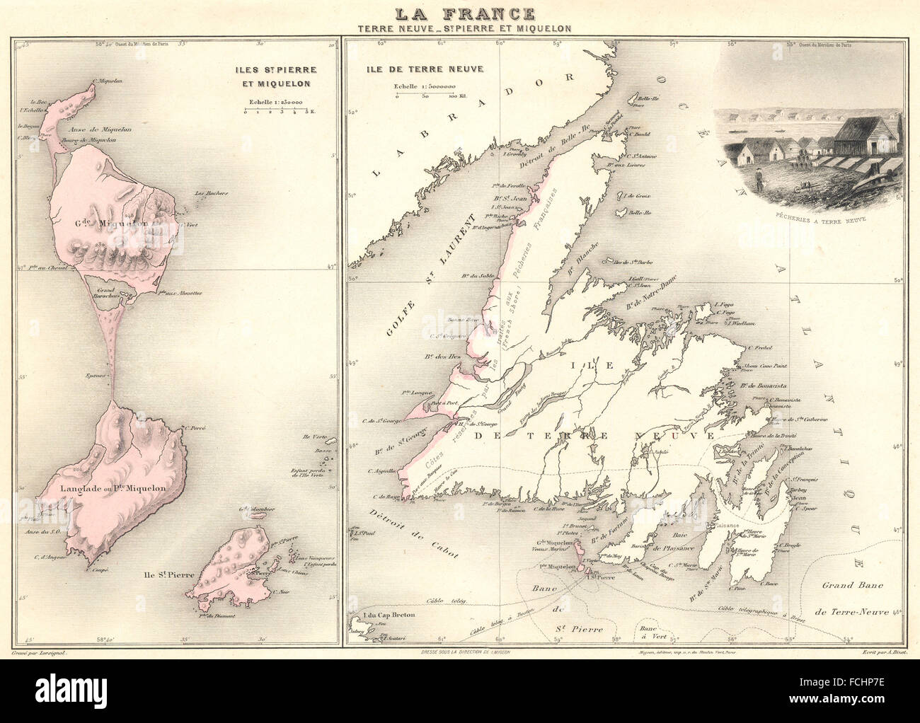 ATLANTIC OCEAN: Terre Neuve-St Pierre et Miquelon. Vuillemin., 1903 old map Stock Photo