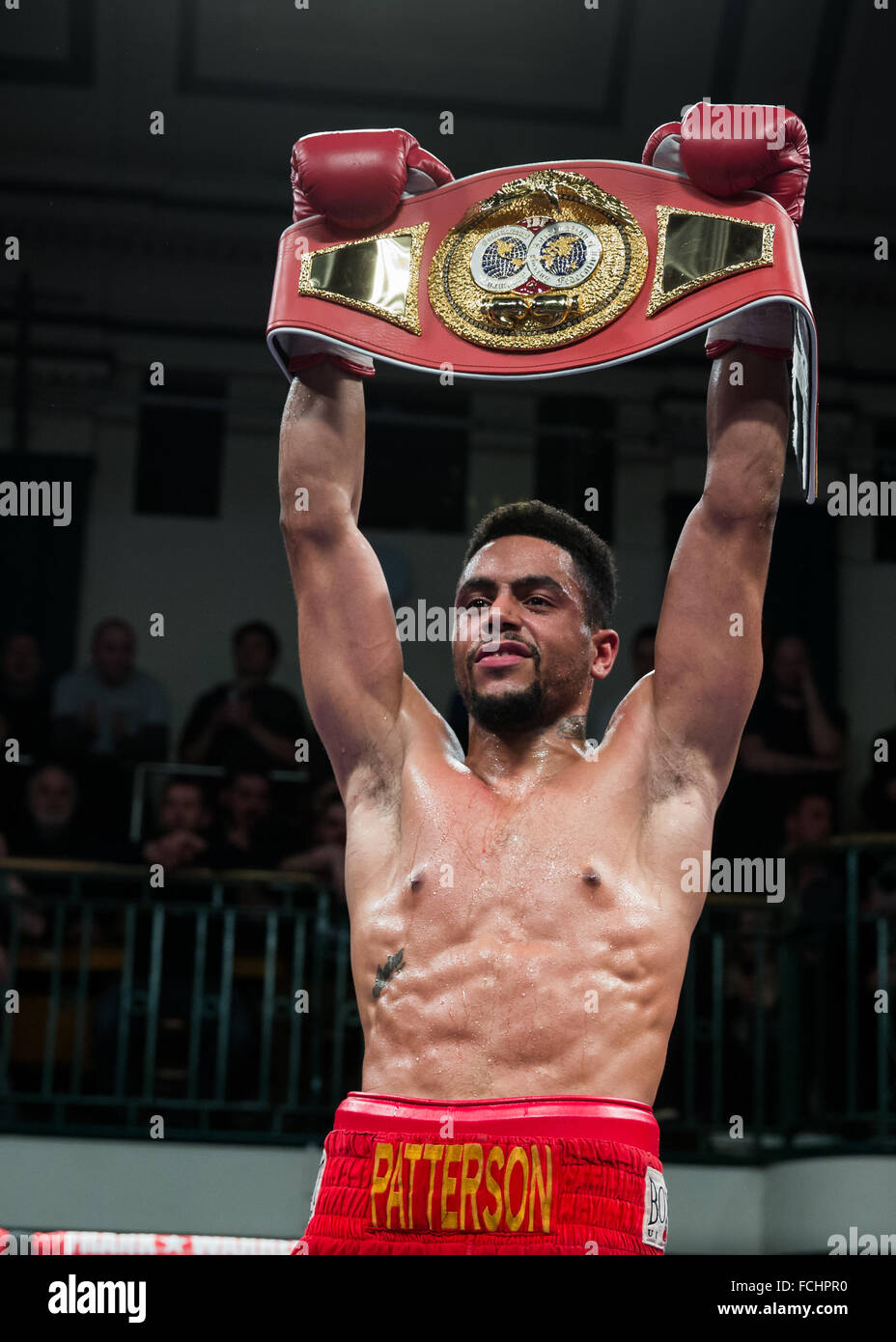 London, UK, 22nd January, 2016. Ahmet Patterson defeats Ryan Aston in the IBF Intercontinental Super-Welterweight Championship at York Hall, England. Ahmet Patterson with the belt. copyright Carol Moir/Alamy Live News Stock Photo