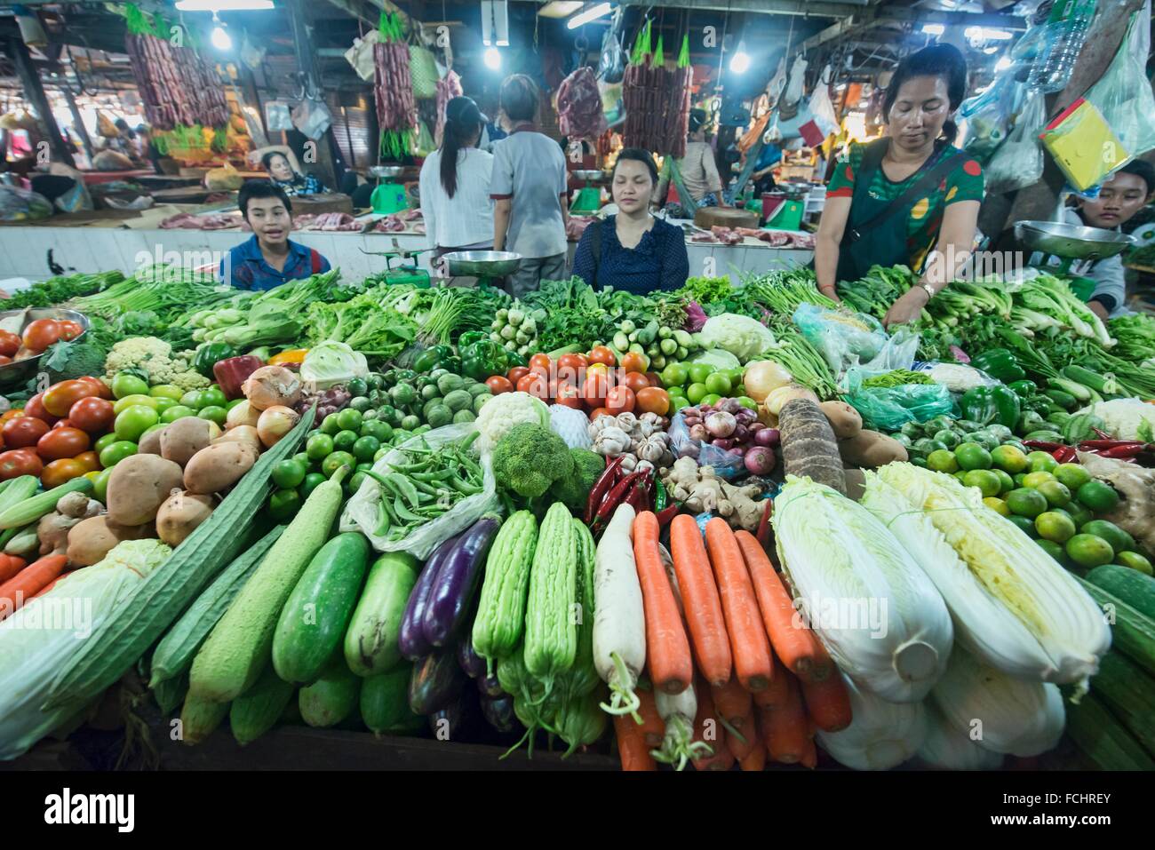 Produce vendors in the Psar Cha Old Market in Siem Reap, Cambodia Stock