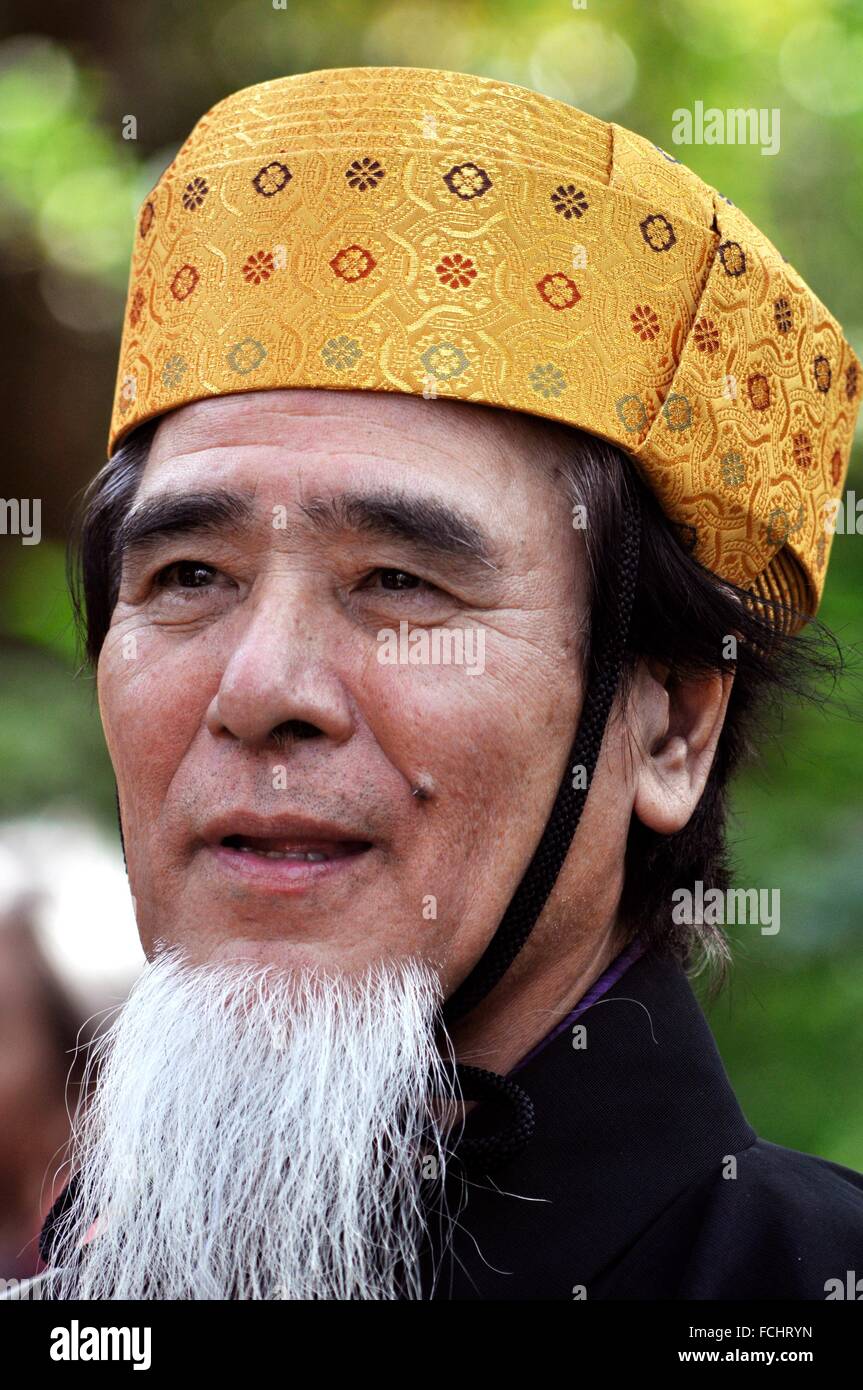 Naha Okinawa Japan Man With Traditional Ryukyan Hat And Fake