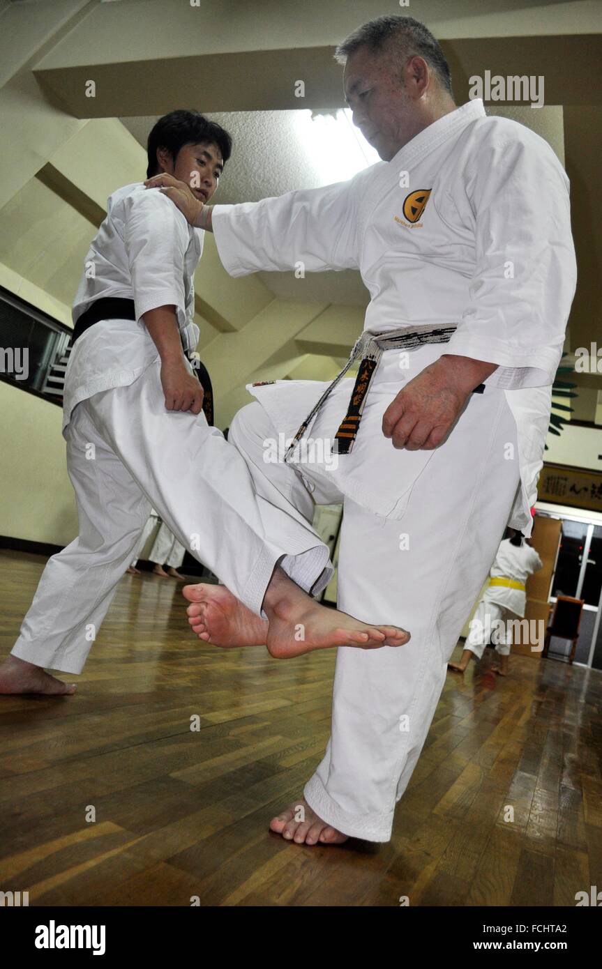 Naha, Okinawa, Japan: Goju-ryu karate training at Meibukan Sou Honbu Dojo Stock Photo