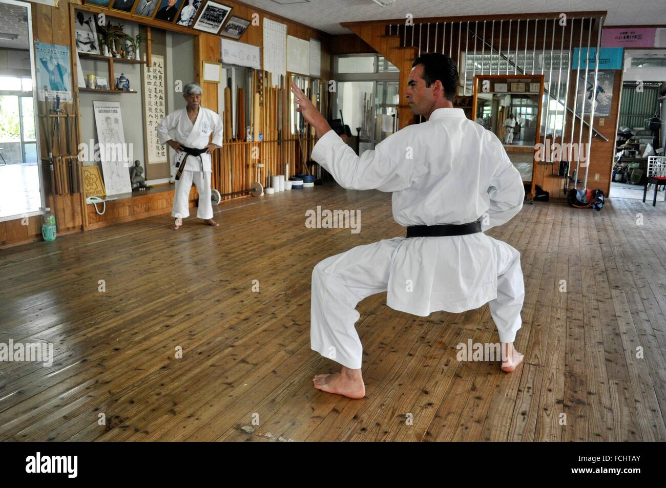 Tomishiro, Okinawa, Japan: Italian 4th dan Goju-ryu karate sensei Gabriele Parlani training at Shodokan Dojo Stock Photo