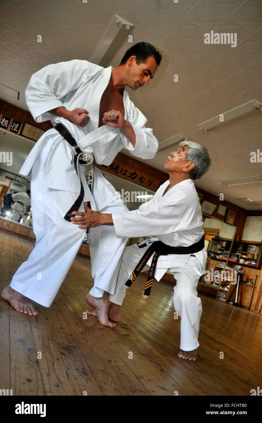 Tomishiro, Okinawa, Japan: Italian 4th dan Goju-ryu karate sensei Gabriele Parlani training at Shodokan Dojo Stock Photo