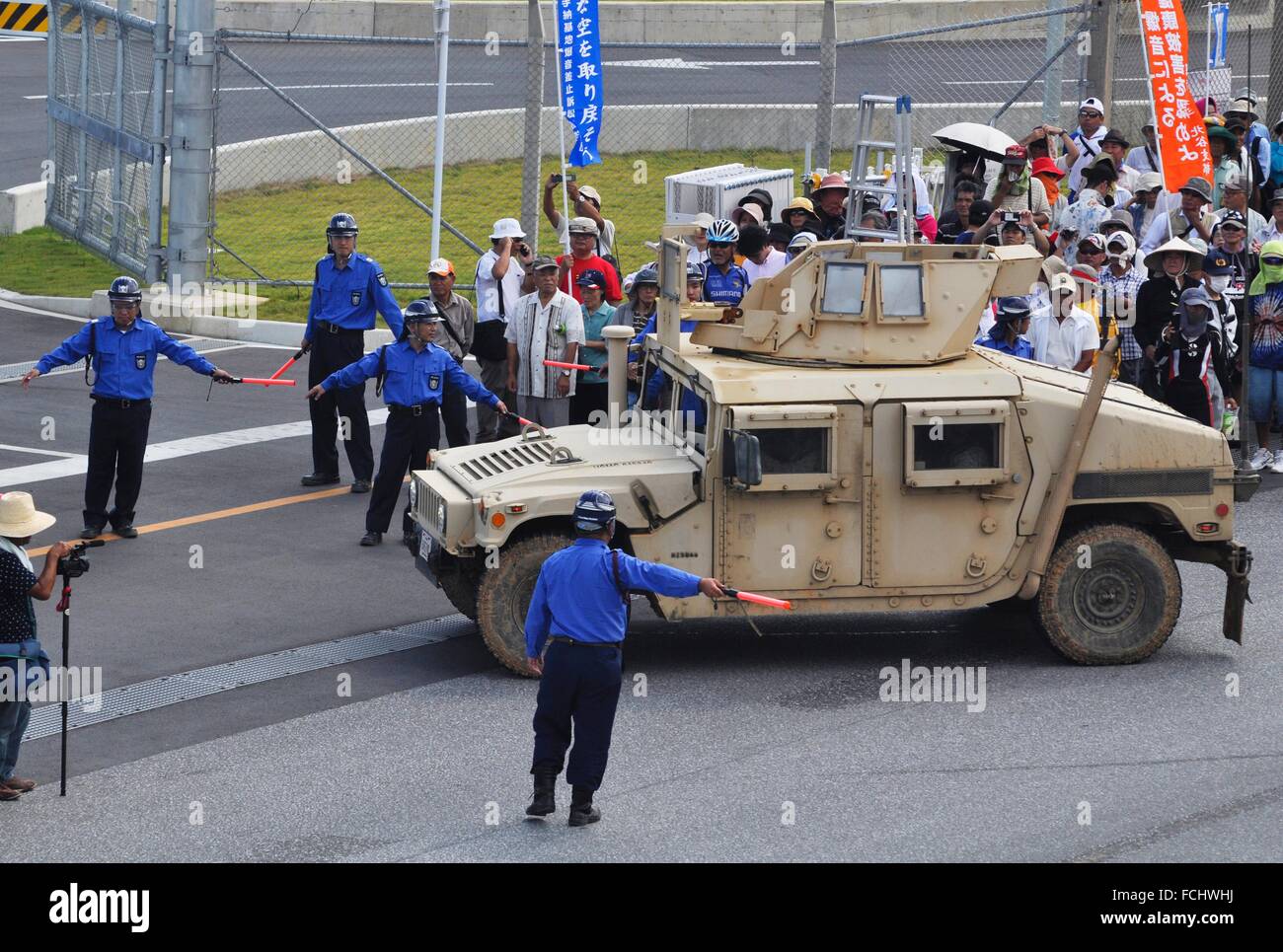 Henoko, Okinawa, Japan, people protesting against the destruction of