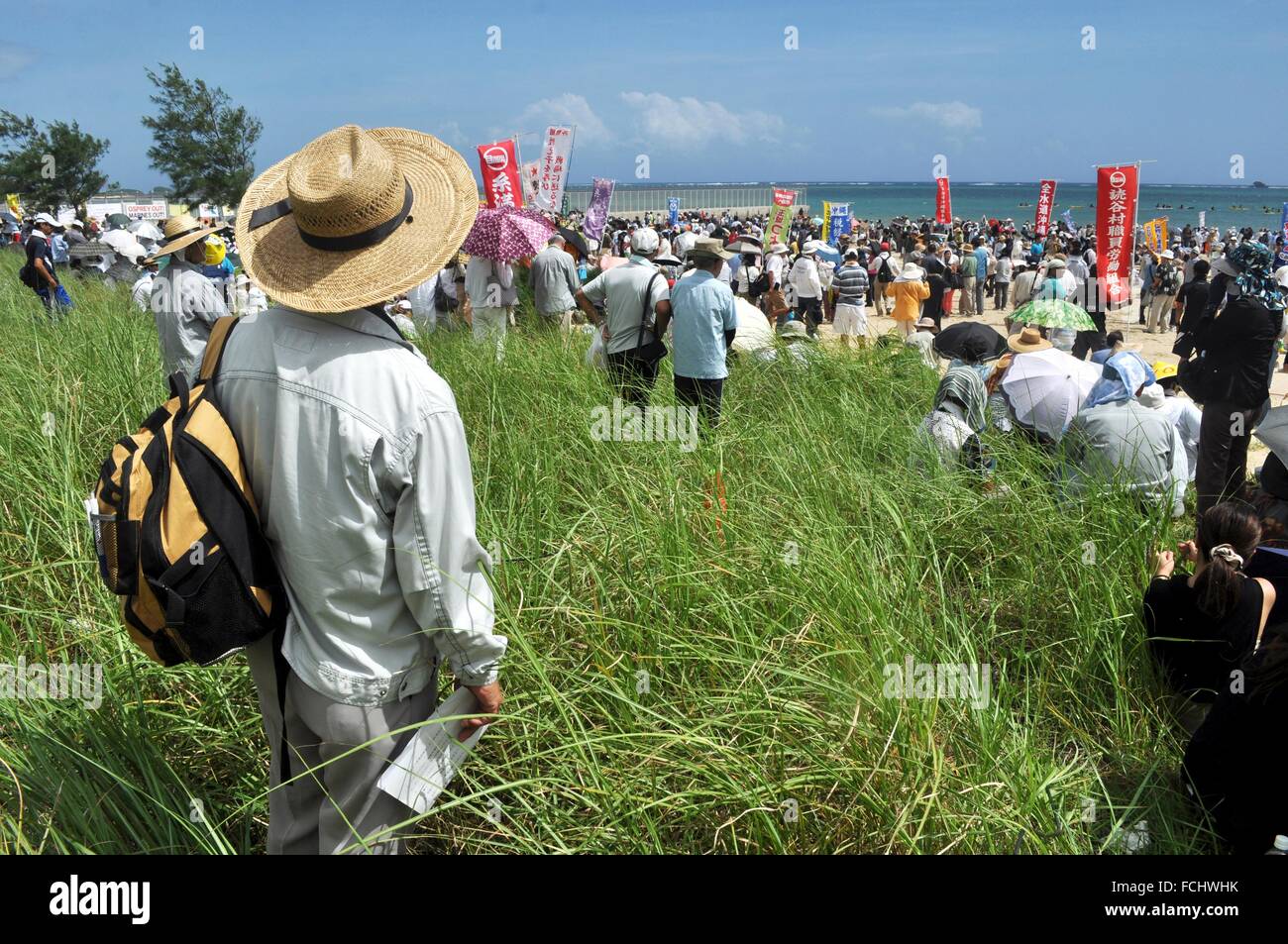 Henoko, Okinawa, Japan, people protesting against the destruction of