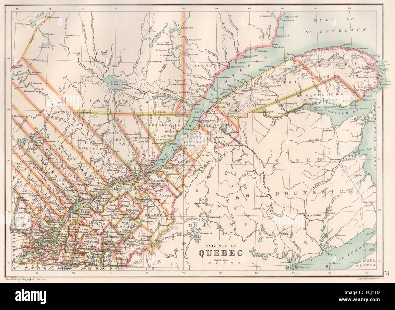 QUEBEC QUÉBEC: Showing counties/territories. Canada. BARTHOLOMEW, 1891 old map Stock Photo