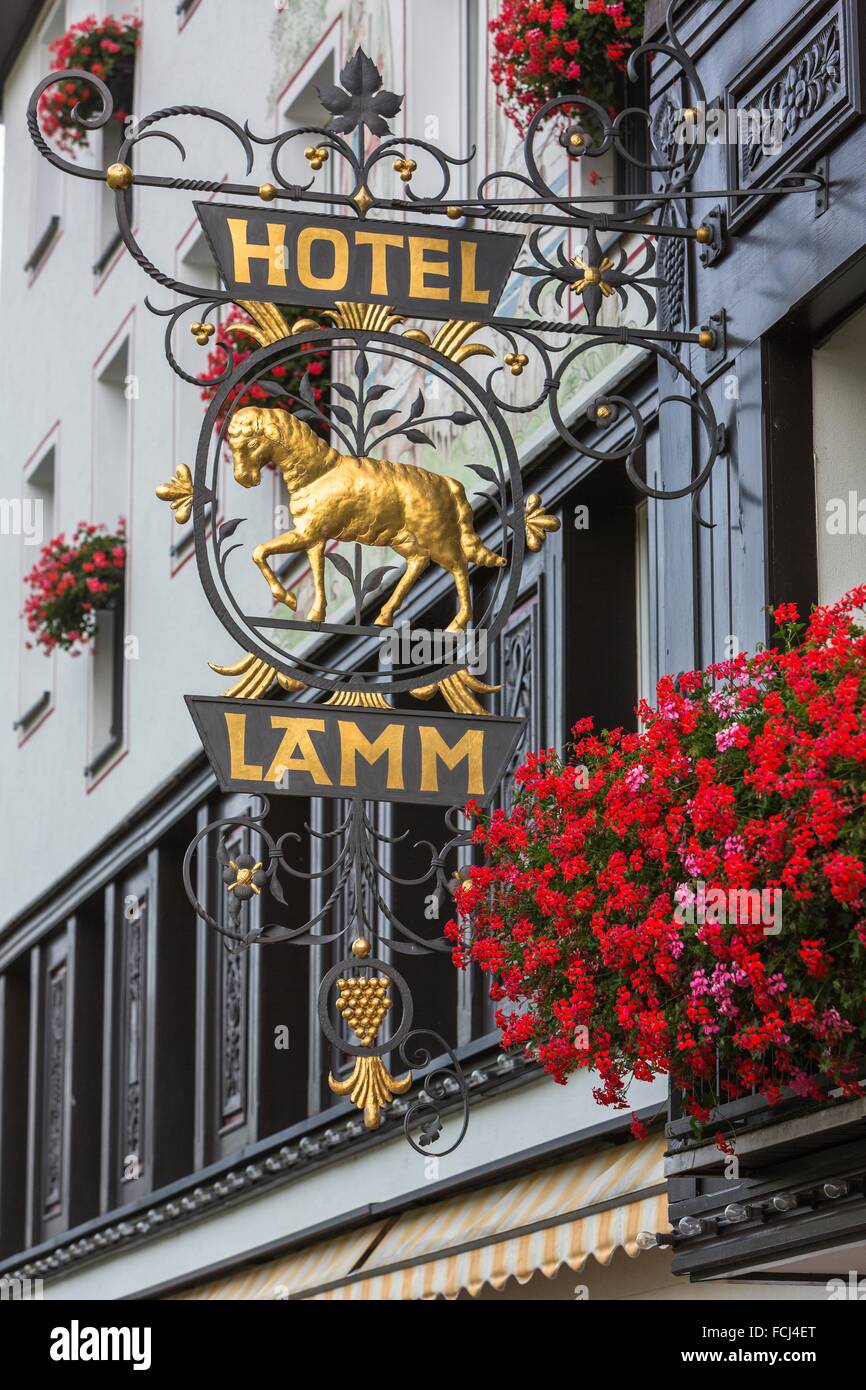Close up of an adorned sign of the Hotel Lamm in Assmannshausen, Rhineland-Palatinate, Germany, Europe Stock Photo