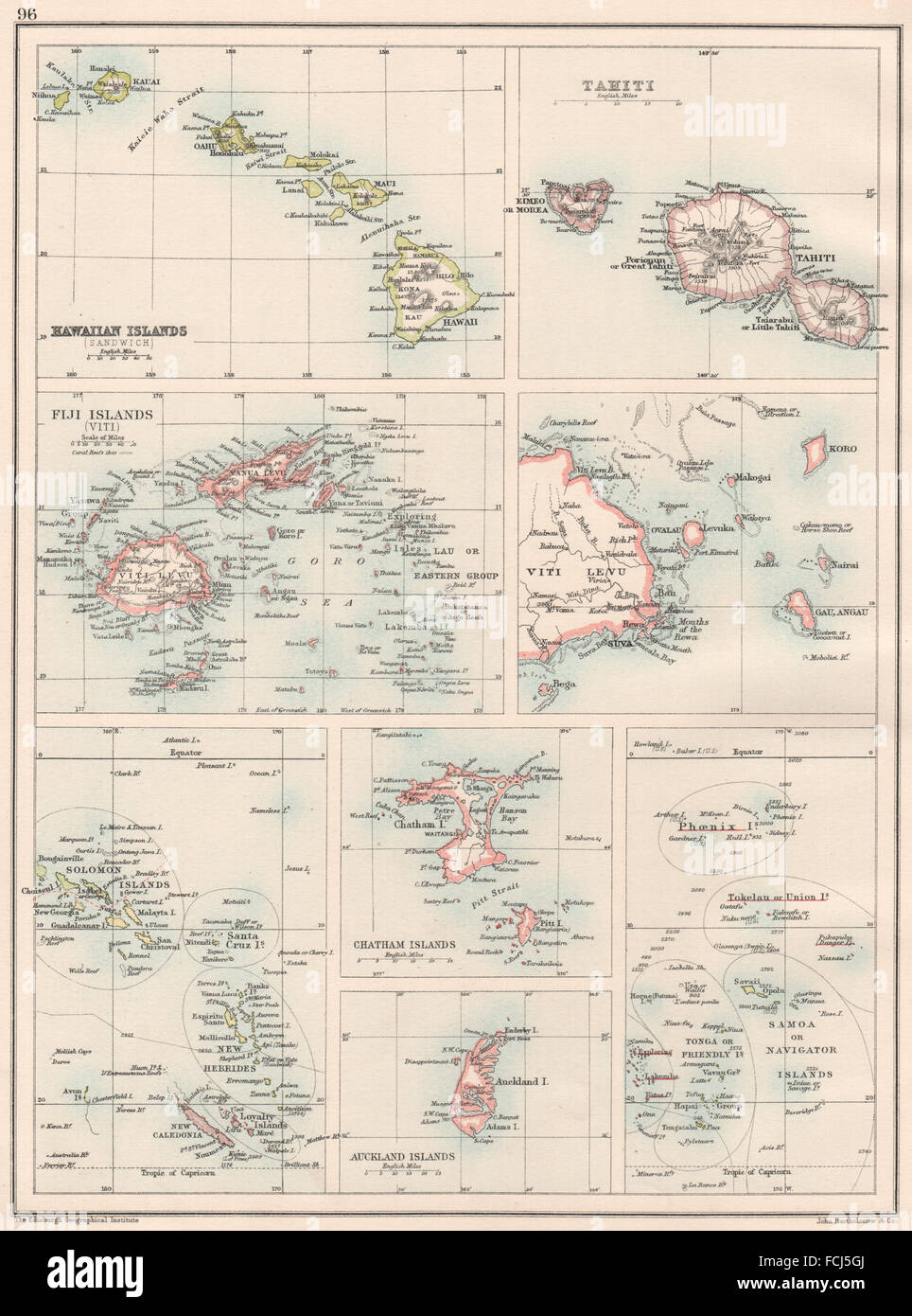 PACIFIC ISLANDS: Fiji Viti Levu Hawaii Tahiti Samoa; Chatham Solomons, 1891 map Stock Photo