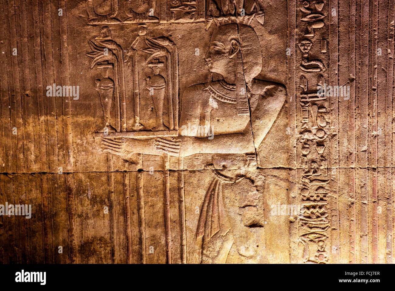 Temple of Hathor Dandarah or Dendera, Ptolemaic period, 1st century b.C. relief scene, Qena, Egypt Stock Photo