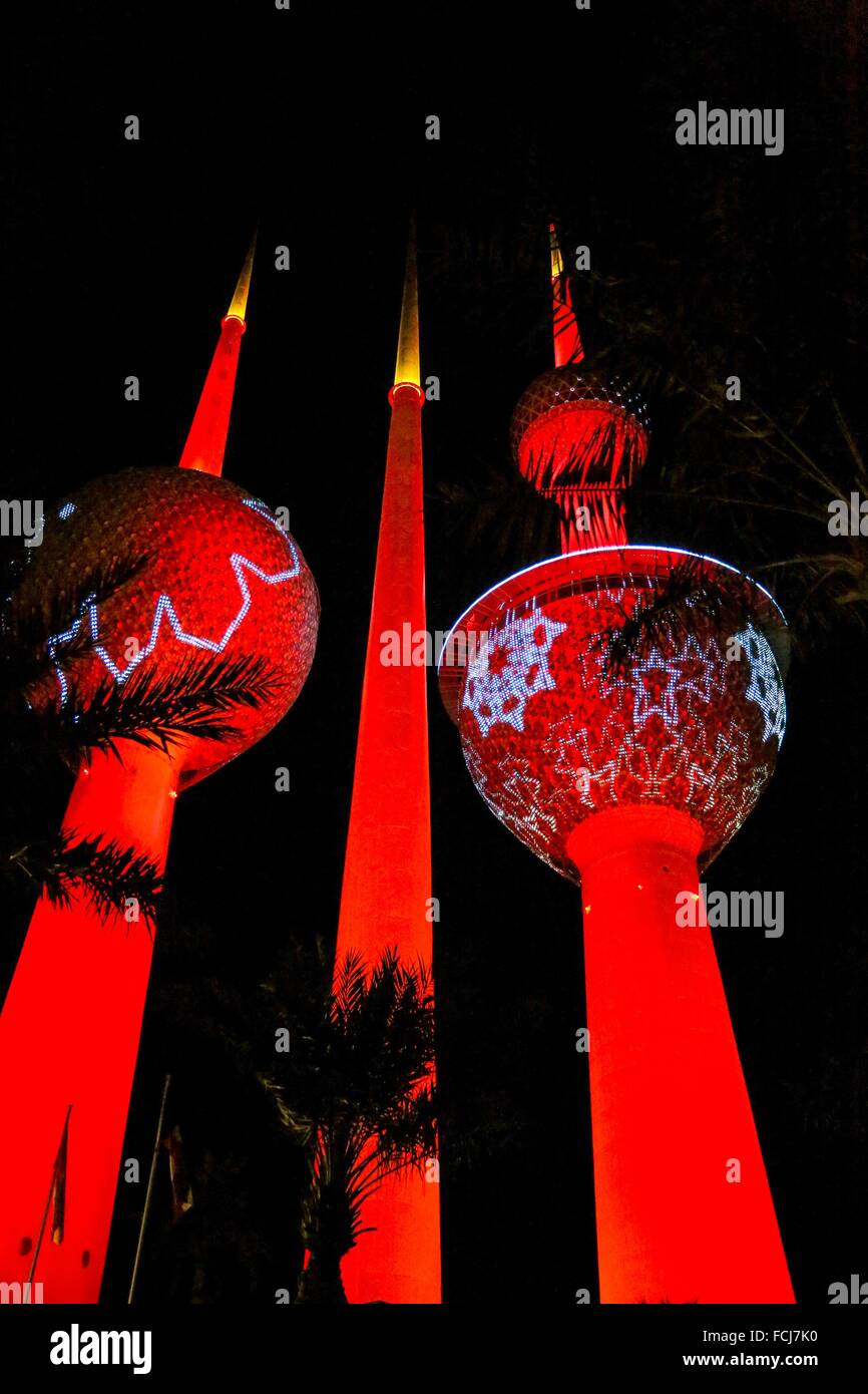 Lights show at Kuwait Towers at night, Kuwait, Kuwait City Stock Photo