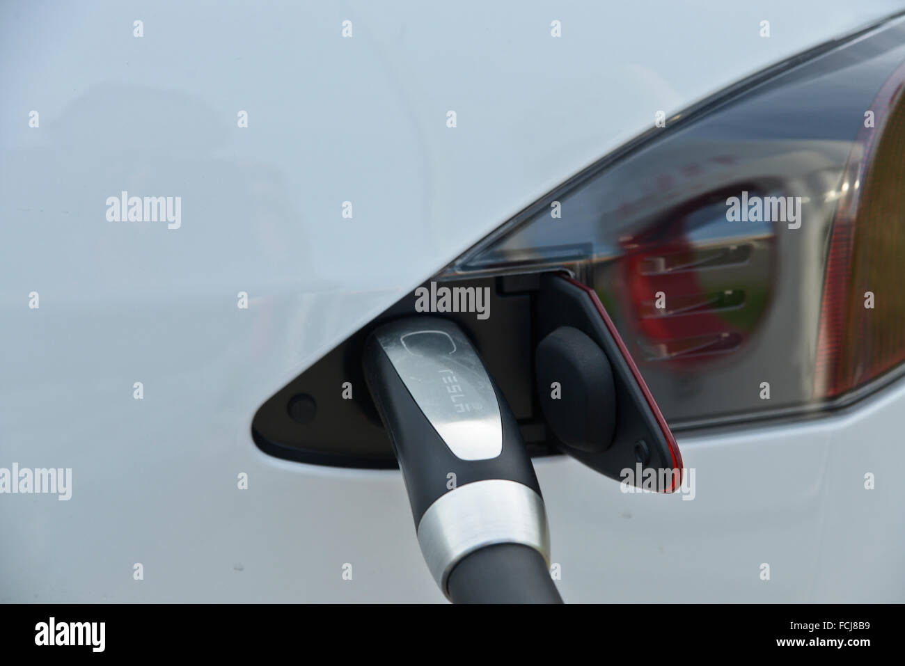 Topeka, Kansas, USA, 5th September, 2015 Tesla Model S is plugged in