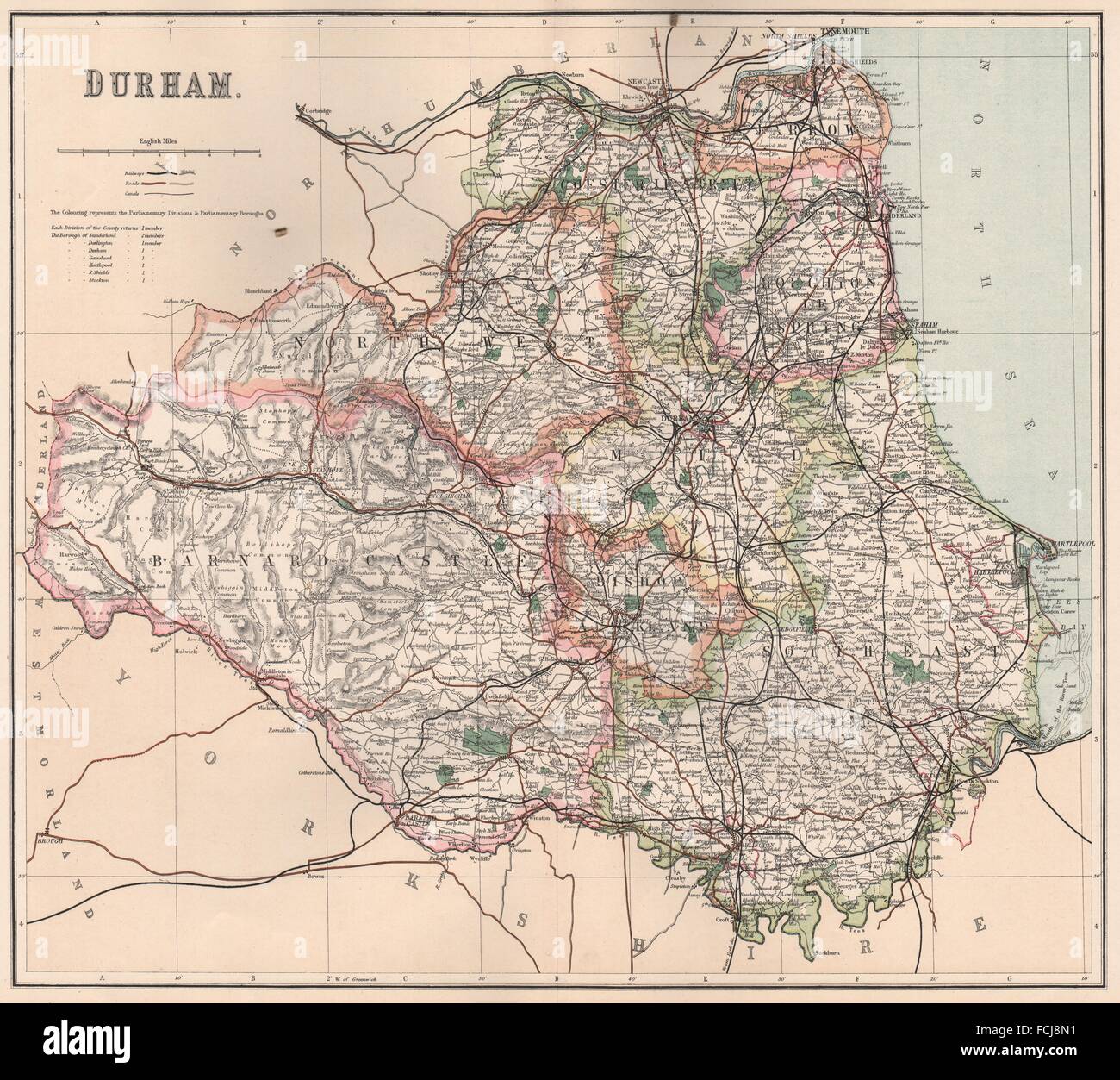 DURHAM County map showing divisions & parliamentary boroughs. PHILIP
