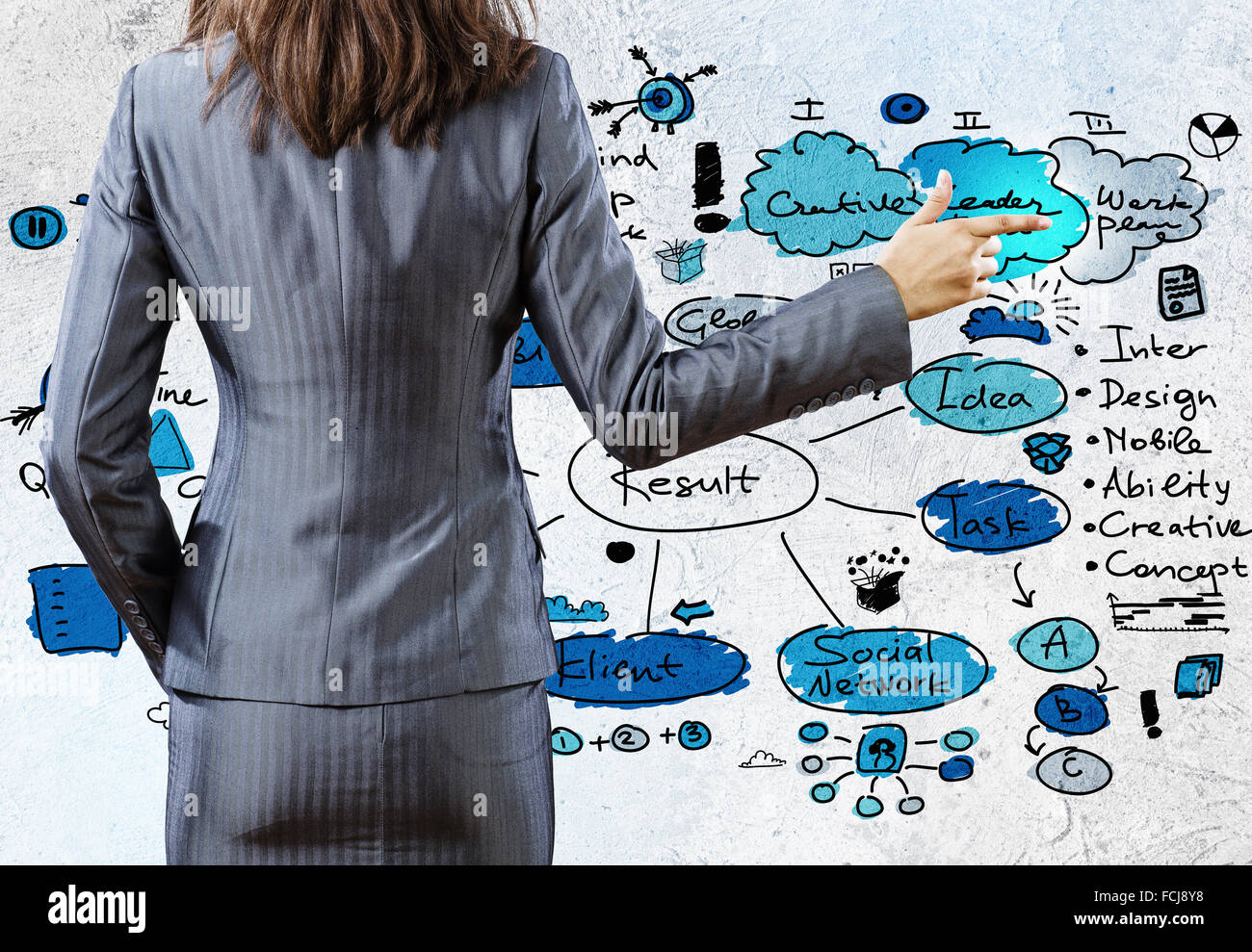 Rear view of businesswoman and sketches at background Stock Photo - Alamy
