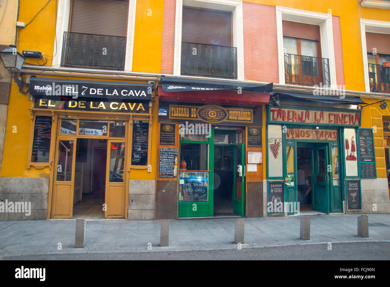 Facade of three typical taverns. Cava Baja street, Madrid, Spain. Stock Photo