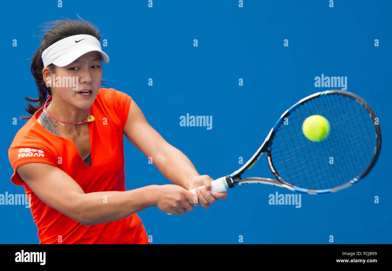 Melbourne, Australia. 23rd Jan, 2016. Zheng Wushuang of China returns ball during the first round match of junior girl's singles against Sara of Australia at the Australian Championships
