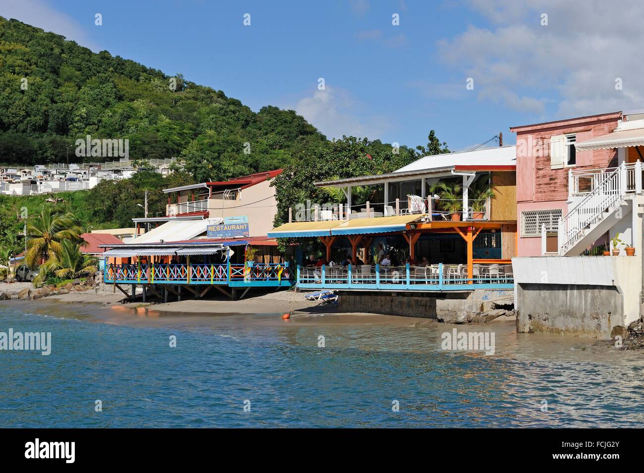 cafe restaurant terrace on stilts, village of Deshaies, Basseterre