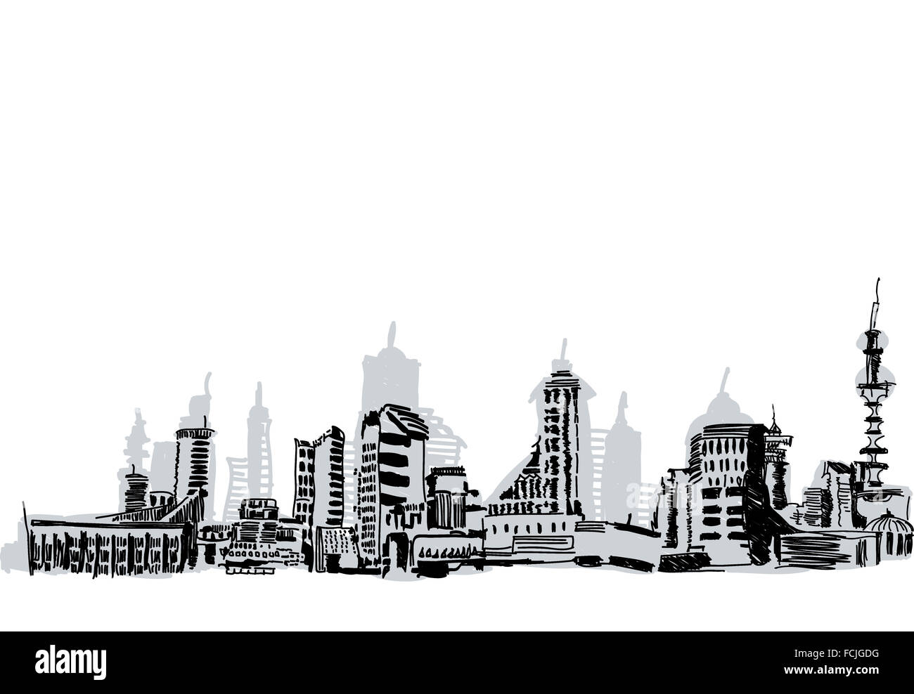 Background image with sketches of buildings on white backdrop Stock Photo