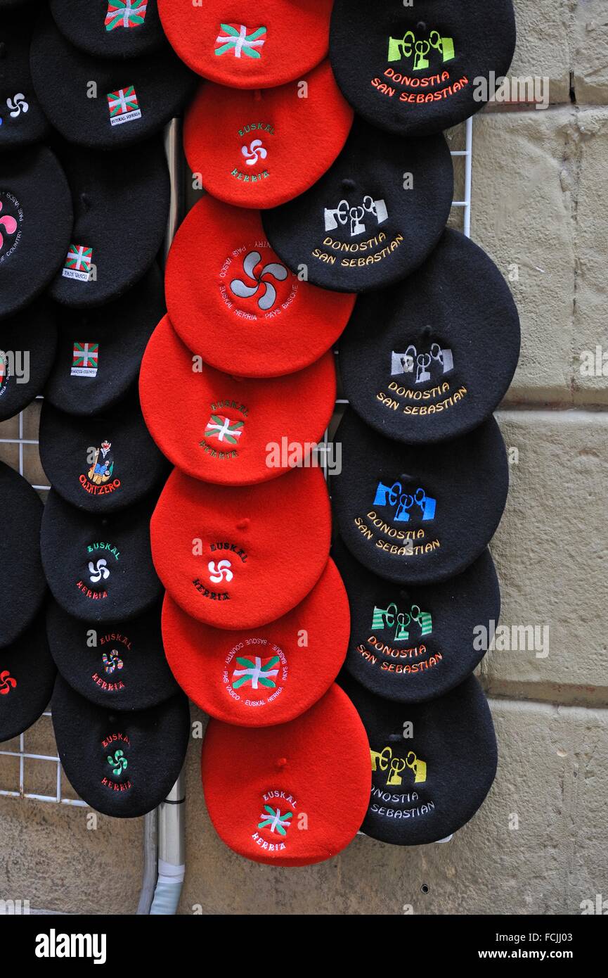 Basquestyle beret for sale to tourists, Old Town, San Sebastian, Bay of Biscay, province of