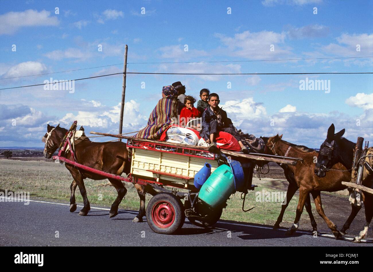 Gypsies travelling with horsedrawn carriage in Alentejo region