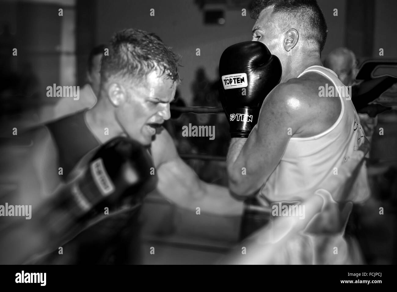 A low blow in a boxing match between two young men Stock Photo Alamy