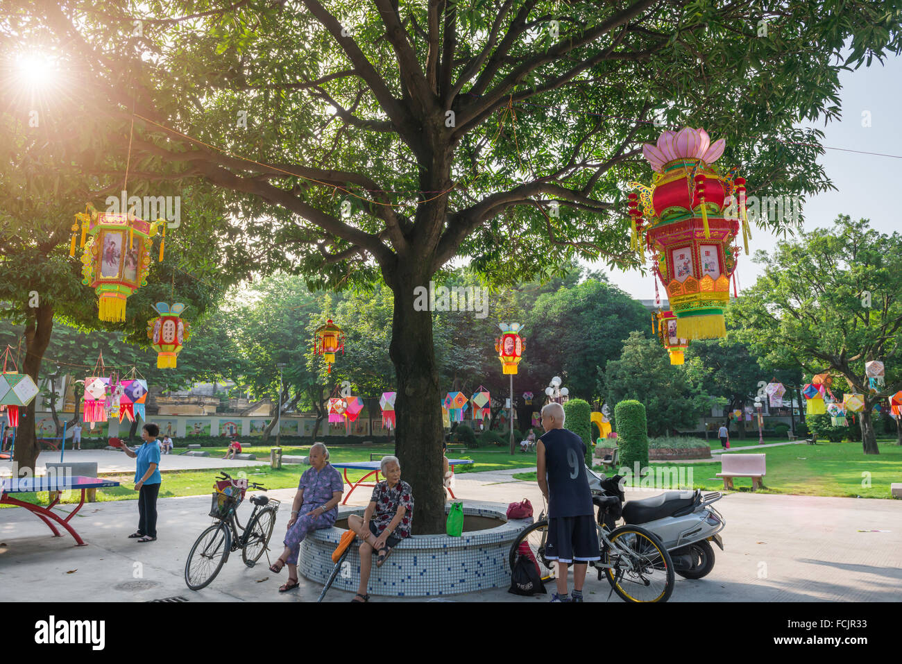 ZHONGSHAN GUANGDONG CHINA-SEP 27,2015:different lanterns hanging in a Park in the morning of the Chinese Mid Autumn Festival on Stock Photo