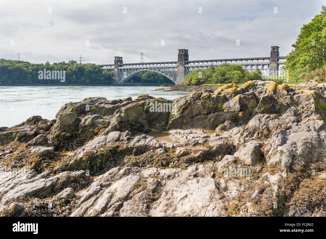 Britannia bridge connecting the Welsh mainland with the Isle of Anglesey Stock Photo