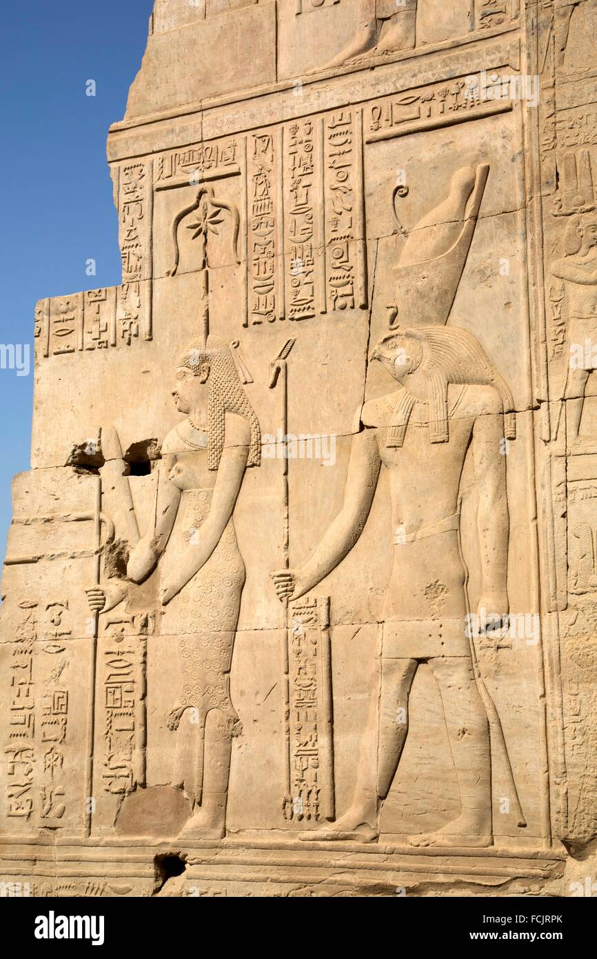 Bas-relief of the God Horus (right), Temple of Haroeris and Sobeck, Kom Ombo, Egypt Stock Photo