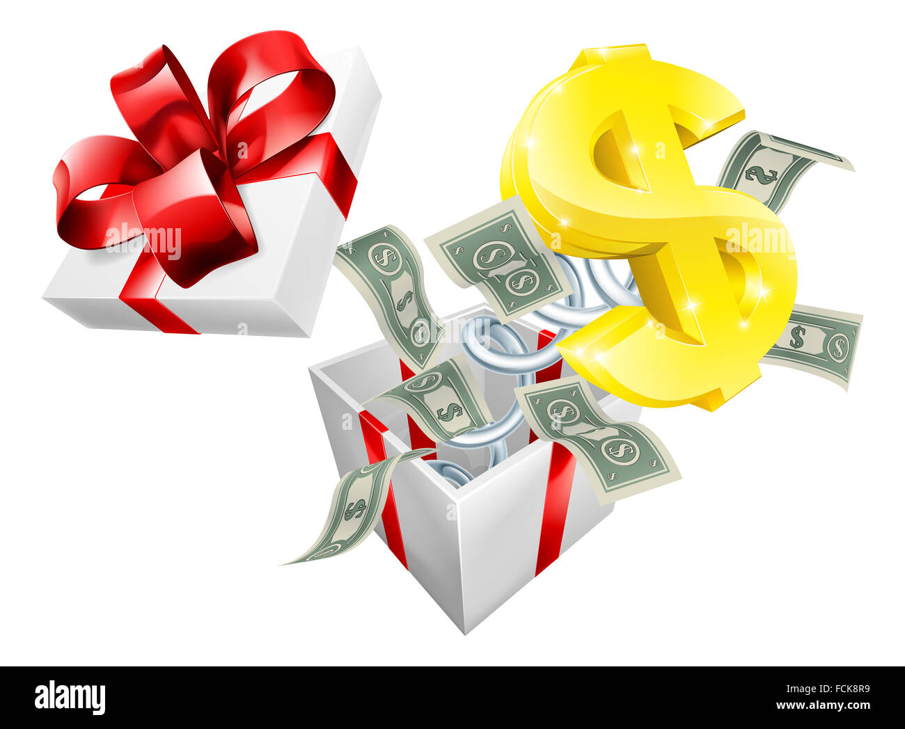 A jack in the box with a Dollar sign symbol and paper notes jumping out