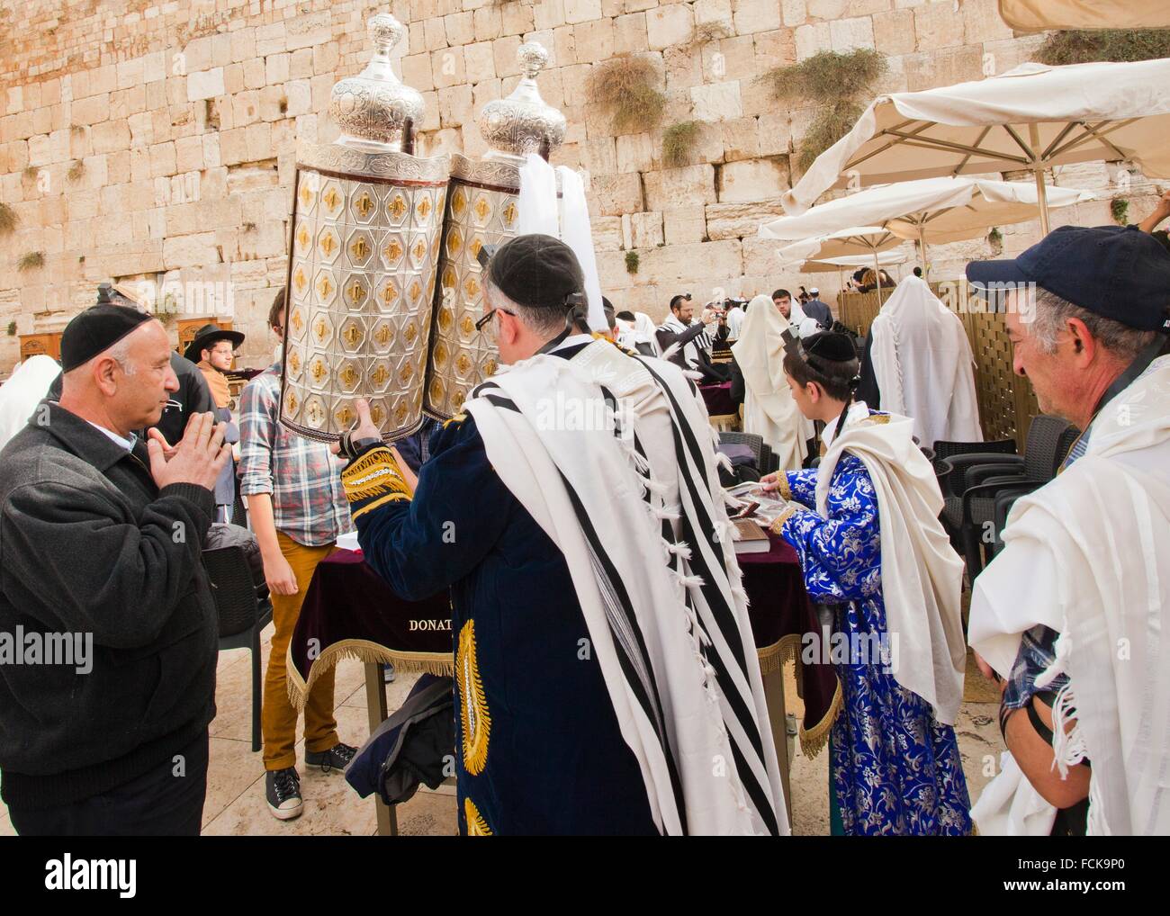 Jewish religious ceremony, Sefer Torah, Western Wall, Wailing Wall, Jerusalem, Israel, Middle East. Stock Photo