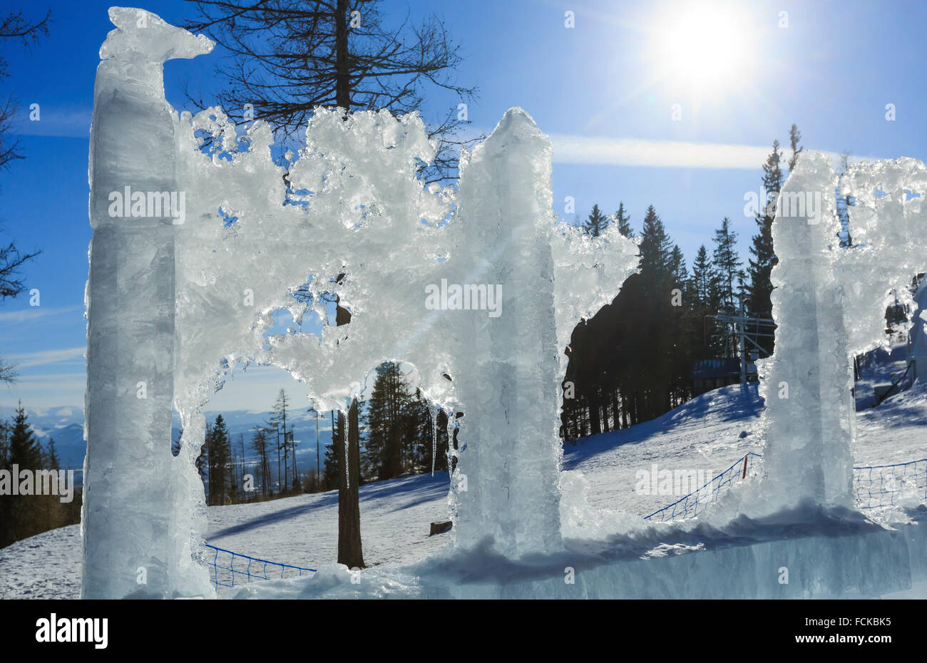 Melting glacial block of ice on spring mountain slope. Stock Photo