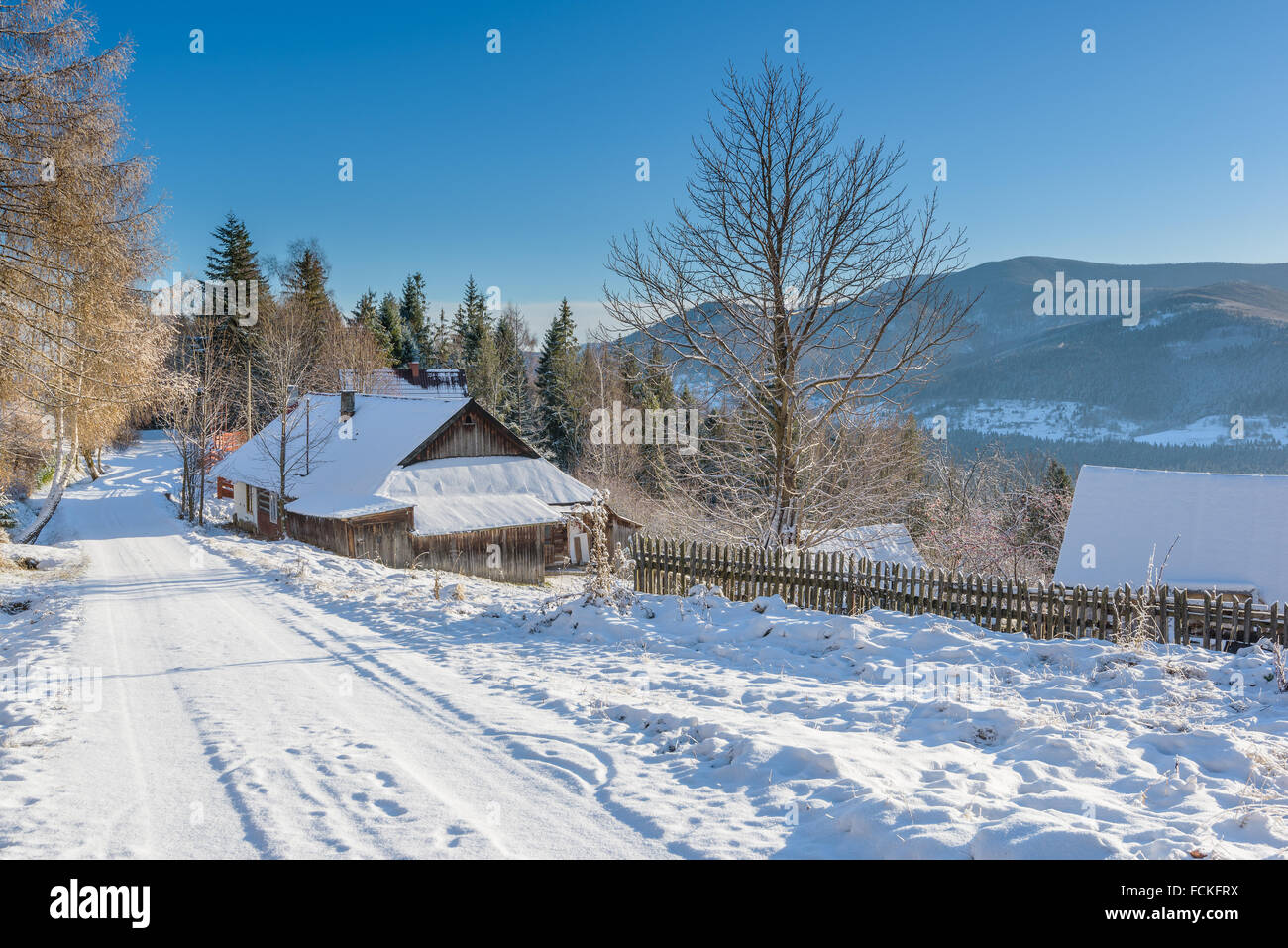 Beautiful mountain cottage of wooden logs Stock Photo