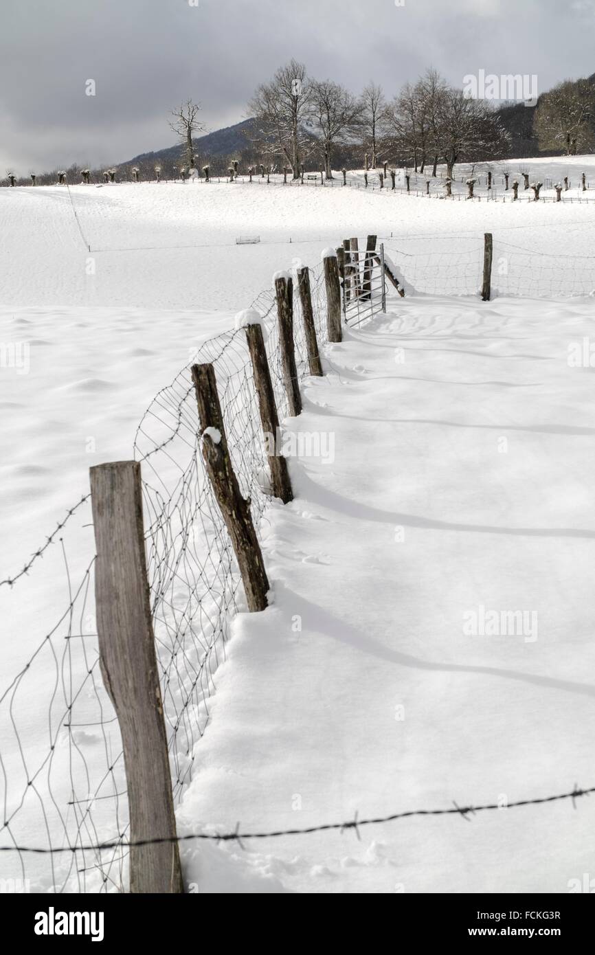 Orreaga Roncesvalles fenced snowed in winter. Navarre, Spain. Stock Photo