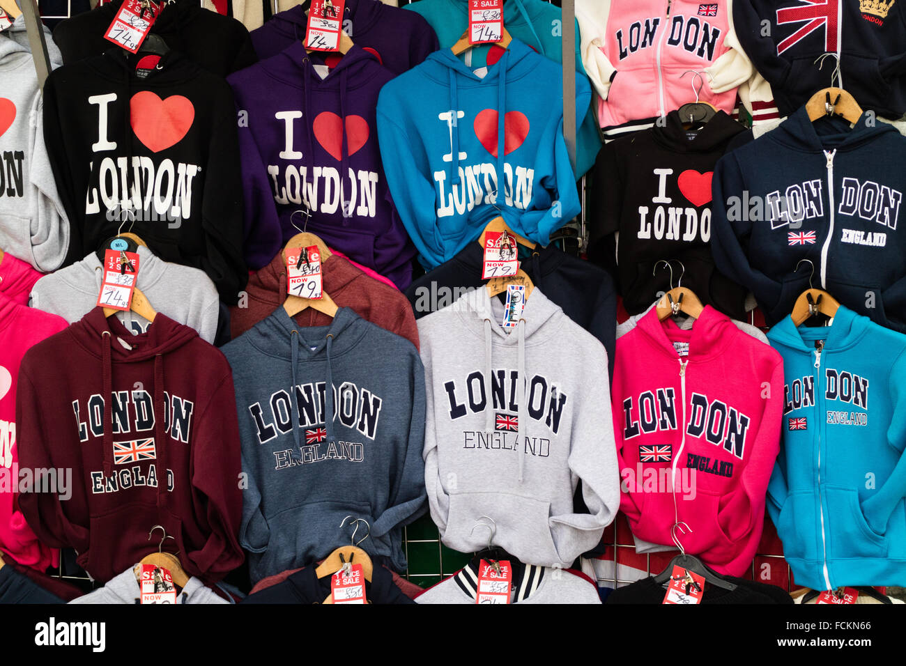 Colourful hoodies for sale with London and England printed on the front Stock Photo Alamy