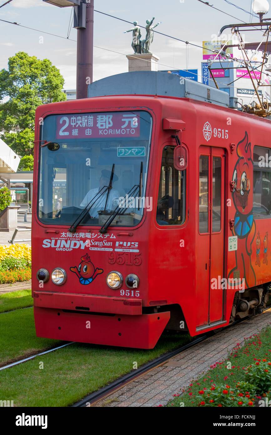 Red tram at Kagoshima, Japan Stock Photo