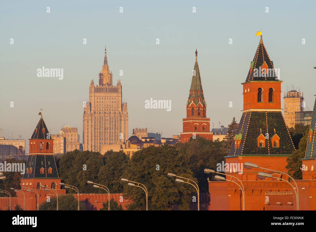 Kremlin wall and the Foreign Ministry, one of Stalin's Seven Sisters, early morning, Moscow, Russia Stock Photo
