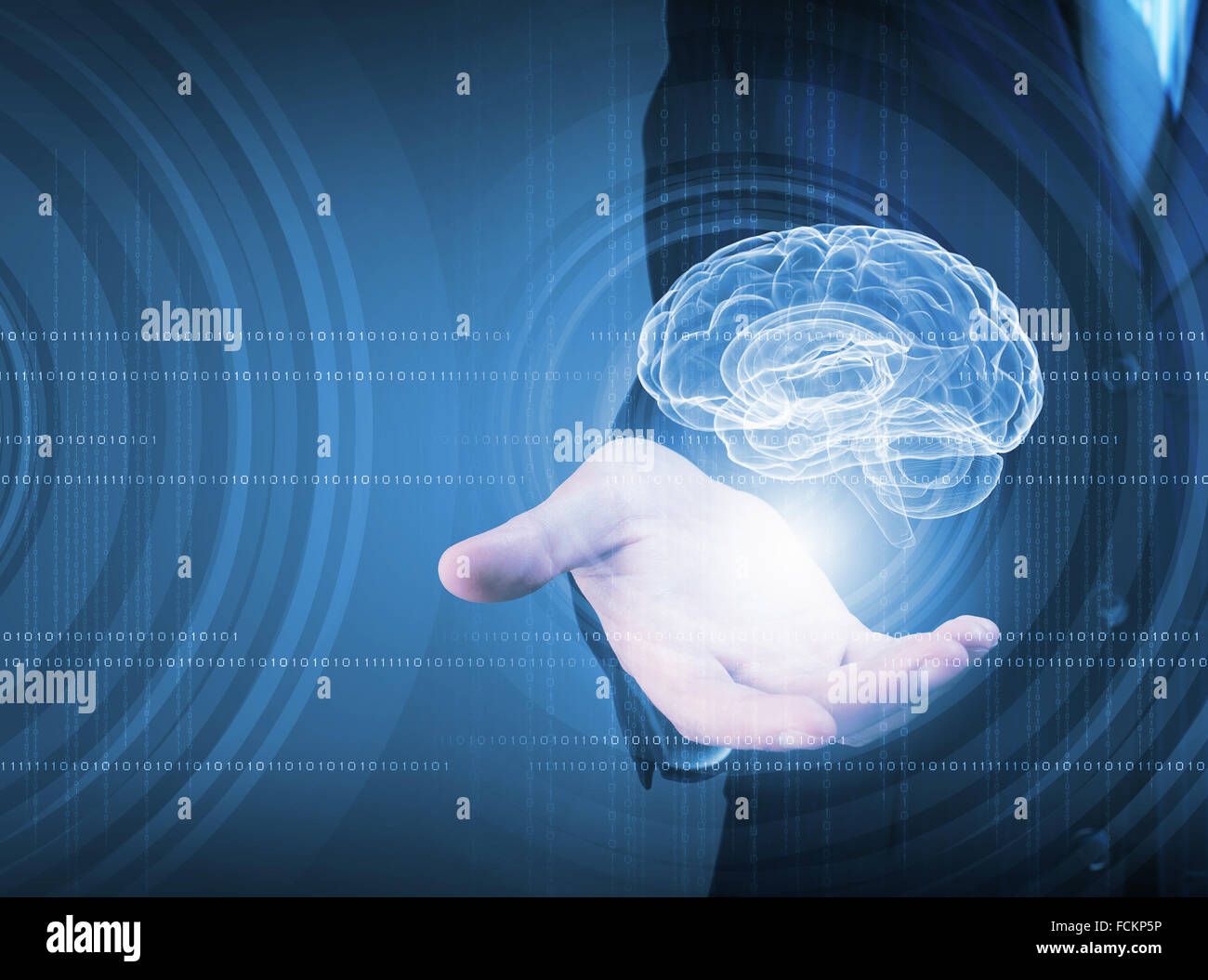 Close up of businessman holding digital image of brain in palm Stock ...