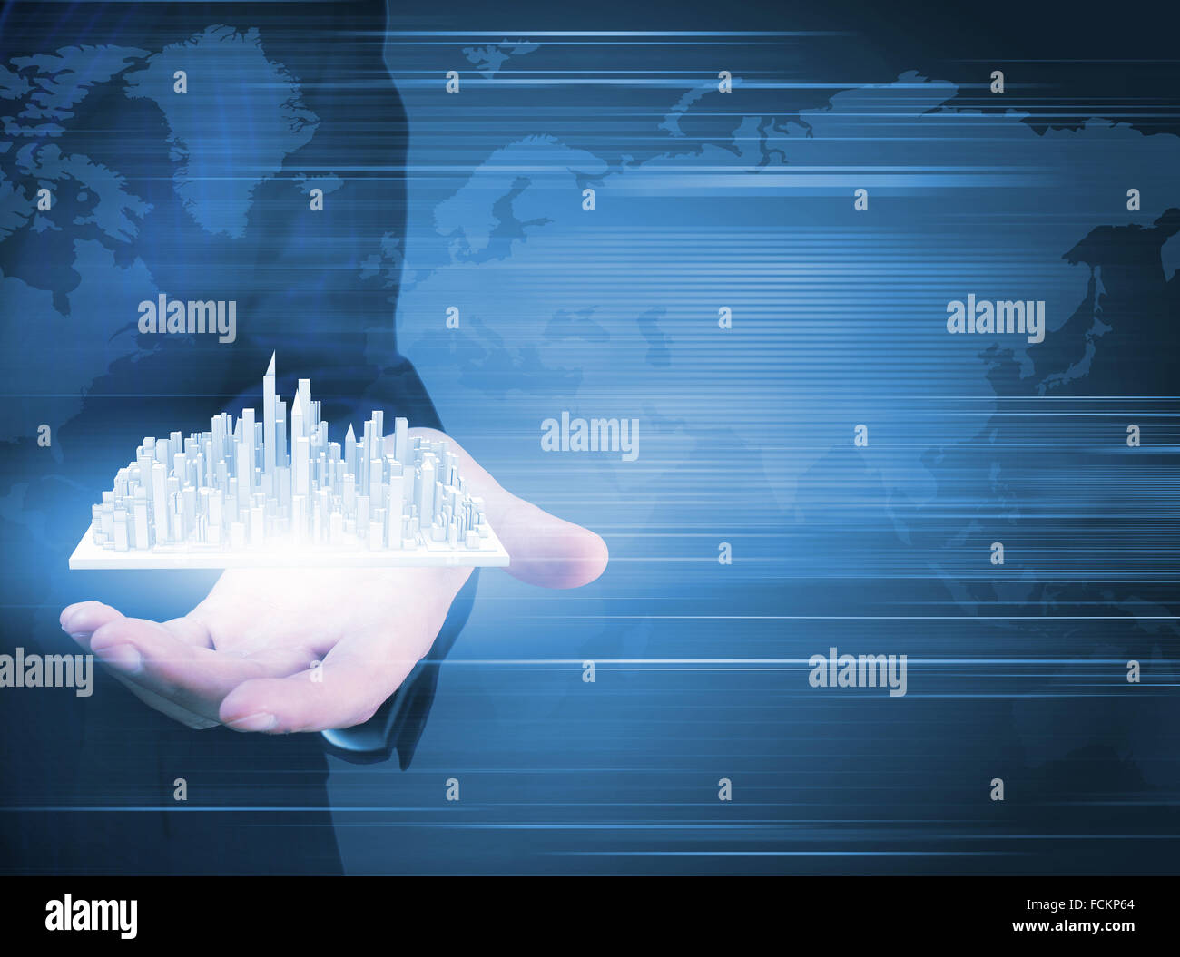 Close up of businessman holding digital construction model in palm ...