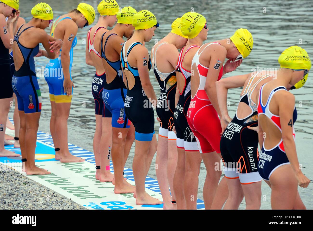 Europe, Switzerland, Geneva, women ready for swimming race start in
