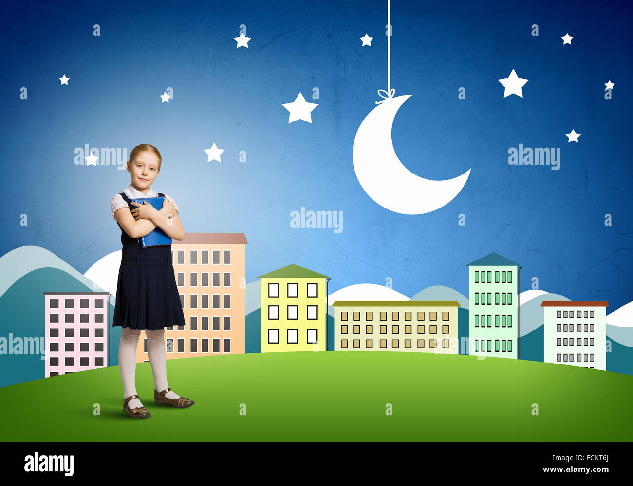 Cute schoolgirl against colorful background with book in hands Stock ...