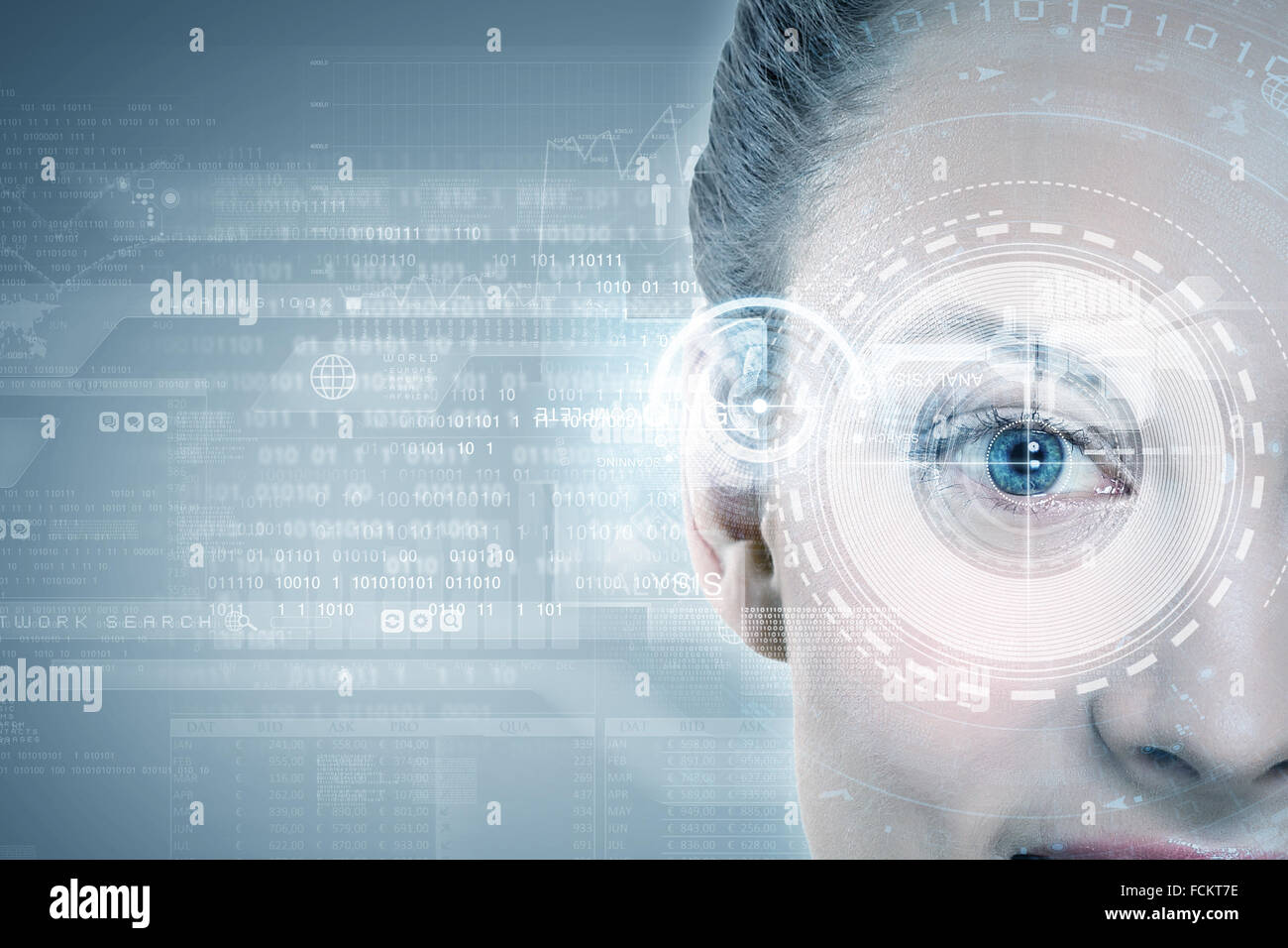 Close up of woman eye with digital icons Stock Photo - Alamy