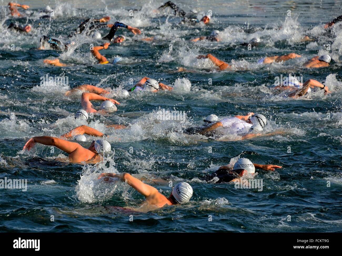 Europe, Switzerland, Geneva, male swimming race in Lake Geneva
